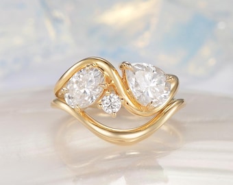 Toi Et Moi Moissanite Ring Set Solid Gold Unique Twisted Promise Ring Tilted Floating Oval And Round Cut Engagement Ring Custom Wedding Gift