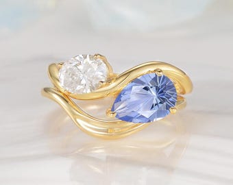 Toi Et Moi Moissanite And Cornflower Blue Sapphire Engagement Ring Set Solid Gold Ring Two Stone Wave Ring Unique Birthstone Ring For Her