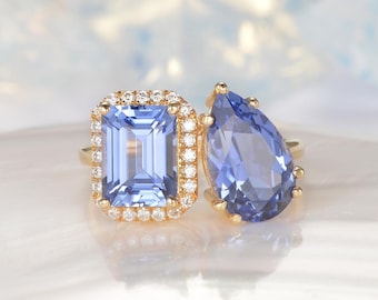 Einzigartige Toi Et Moi Ring Birne und Smaragdschliff Kornblumen Saphir Zwei Stein Verlobungsring Gelbgold Halo Birthstone Ring Versprechen Ring