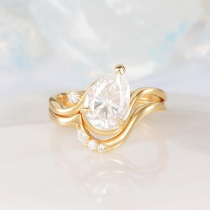 Unique Pear Moissanite Engagement Ring Set Solid Gold Wave Band Stackable Tilted Ring Stacking Matching Band Wedding Bridal Set For Her
