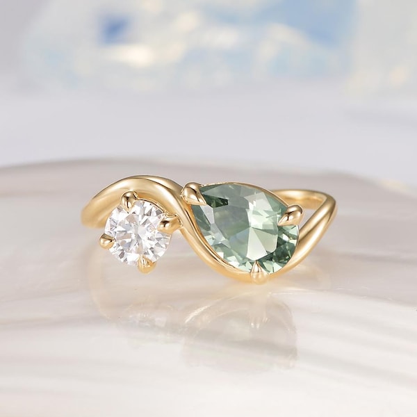 Anillo de compromiso Toi Et Moi con zafiro verde pera y moissanita, anillo ondulado de oro con diamantes de laboratorio, anillo de bodas You And Me de dos piedras para mujer