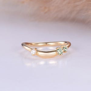 Round Green Sapphire Curved Wedding Band Yellow Gold Flowing Wedding Band Chunky Curved Band Matching Stacking Ring Unique Gifts For Her