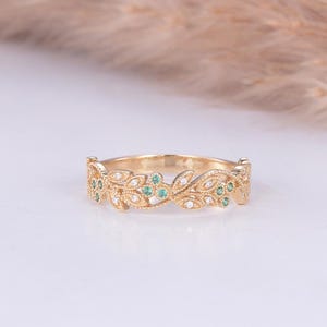 Floral Filigree Leaf Vine Wedding Band Emerald And Moissanite Stacking Ring Yellow Gold Nature Inspired Half Eternity Promise Ring For Women