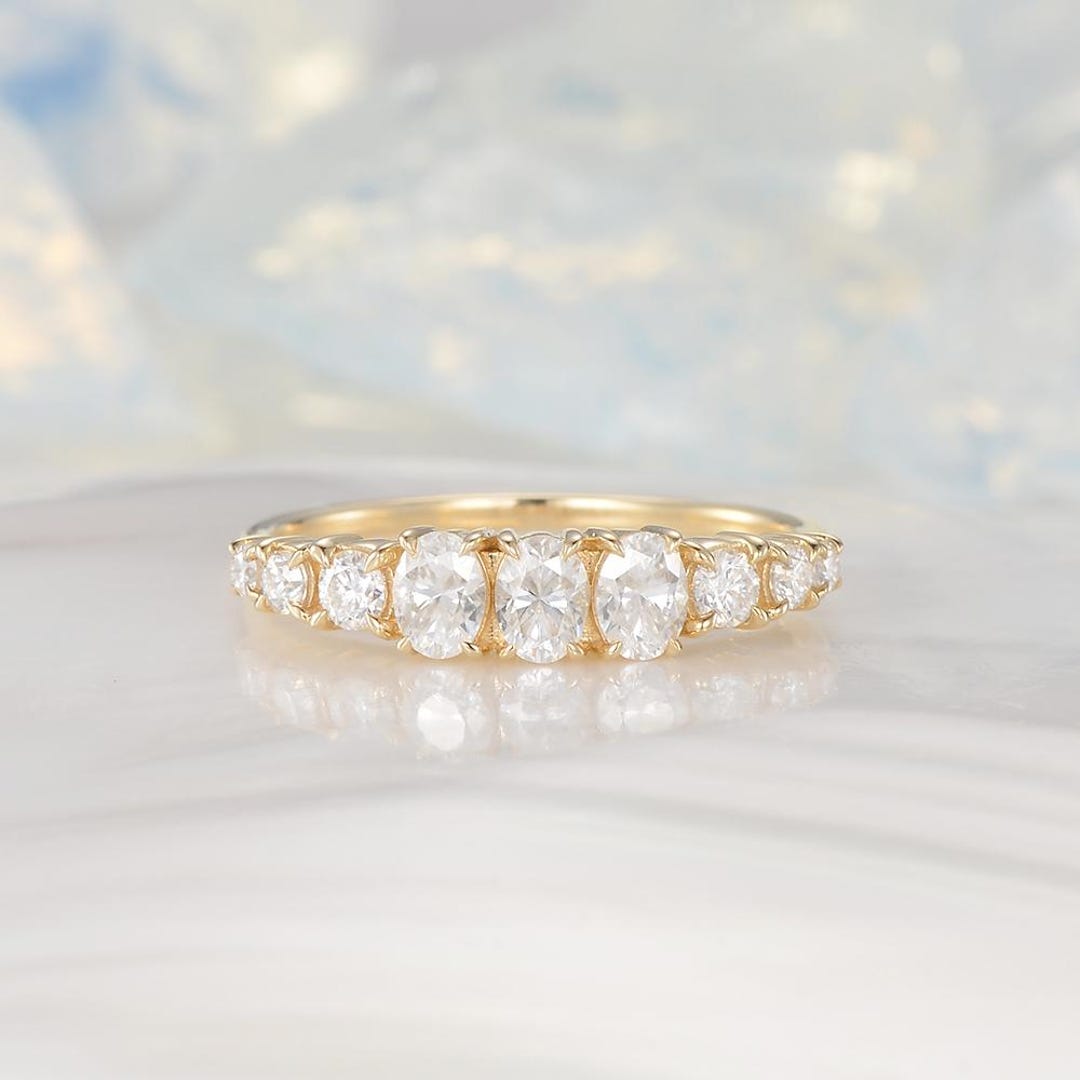 Delicate Oval Cut Moissanite Wedding Band Yellow Gold Moissanite Half ...