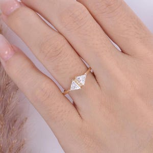 Double Triangle Moissanite Promise Ring, Unique Two Stone Wedding Ring, 14K Solid Gold Everyday Fashion, Anniversary Gift birth stone ring