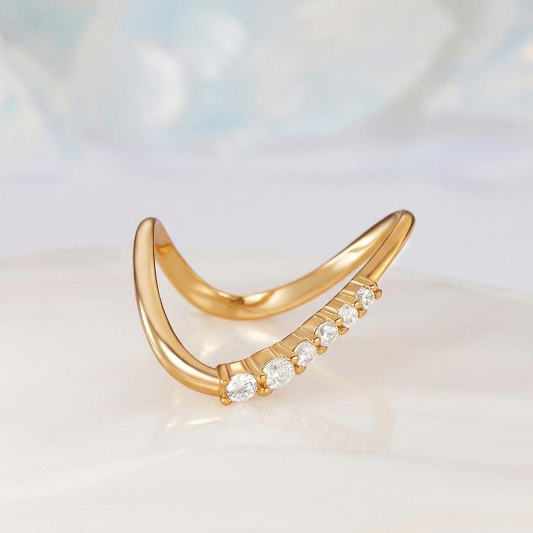 Unique Moissanite Curved Wedding Band Yellow Gold Modern Stacking ...