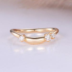 Curved Round Moissanite Wedding Band Solid Gold Custom Ring Unique Diamond Stackable Ring Chevron Wedding Band Personalized Gifts For Women