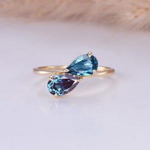Toi Et Moi Alexandrite and London Blue Topaz Ring Yellow Gold Pear Shaped Two Stone Engagement Ring You and Me Ring Birthday Gifts For Her