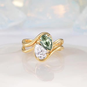 Moissanite & Green Sapphire Ring Set 2PCS Toi Et Moi Two Stone Custom Birthstone Ring Solid Gold   Wave Bypass Ring Couple Gift For Her