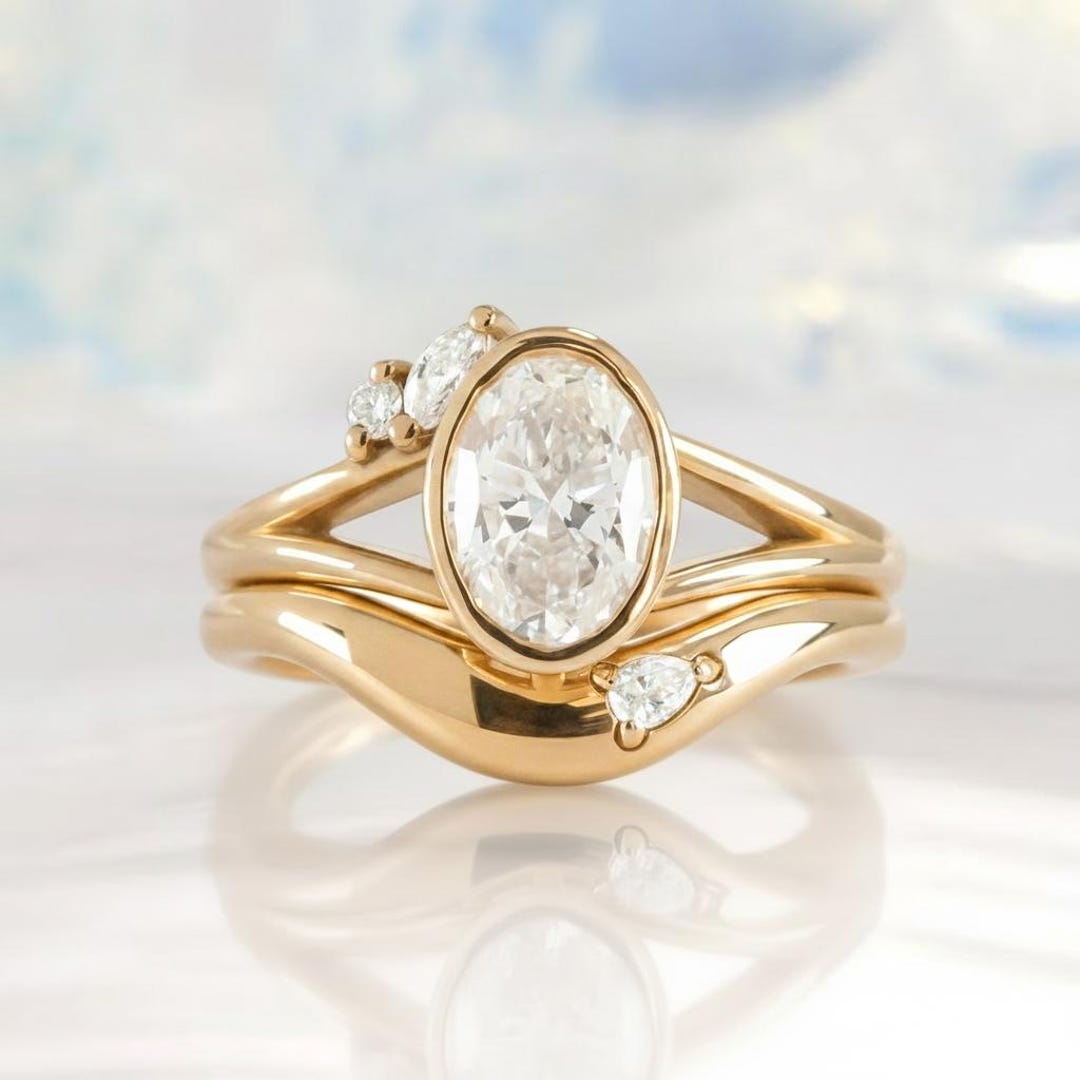 Unique 2CT Oval Cut Moissanite Engagement Ring Set Yellow Gold Bezel ...