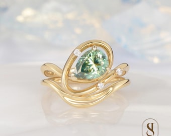 Pear Green Moissanite Engagement Ring Set Yellow Gold Twisted Wave Stacking Band Bypass Ring Unique Promise Ring Anniversary Gift For Her