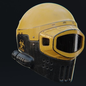 Puede incluir: Casco protector amarillo y negro con una gran visera. El casco tiene un símbolo de peligro biológico y la palabra "BIOHAZARD". Parece estar hecho de metal y tiene un diseño industrial robusto, adecuado para entornos peligrosos.