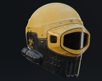 Könnte beinhalten: Gelb-schwarzer Schutzhelm mit großem Visier. Der Helm trägt ein Biohazard-Symbol und das Wort "BIOHAZARD". Der Helm scheint aus Metall zu sein und hat ein robustes, industrielles Design, geeignet für gefährliche Umgebungen.