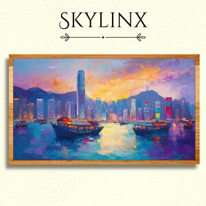 May include: A framed oil painting of a cityscape at dusk, featuring a skyline with tall buildings and boats on the water. The painting has a vibrant color palette of blues, purples, oranges, and yellows. The word "SKYLINKX" is at the top.