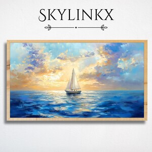 Könnte beinhalten: Gerahmtes Gemälde eines Segelbootes auf dem Meer unter einem Sonnenuntergangshimmel. Das Kunstwerk zeigt ein weißes Segelboot mit hohem Mast auf blauem Wasser. Der Himmel ist mit orangefarbenen, gelben und blauen Wolken gefüllt. Der Text "SKYLINKX" befindet sich oben.