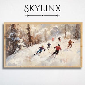 May include: A framed painting depicts skiers descending a snowy mountain slope. The artwork features a winter landscape with trees and skiers in colorful attire. The word "SKYLINKX" is at the top of the frame.