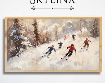May include: A framed painting depicts skiers descending a snowy mountain slope. The artwork features a winter landscape with trees and skiers in colorful attire. The word "SKYLINKX" is at the top of the frame.