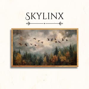 May include: A framed landscape painting featuring a flock of birds in flight over a forest. The artwork has a natural color palette with shades of green, brown, and yellow. The text "SKYLINX" is above the painting.