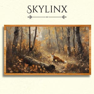 Puede incluir: Pintura de paisaje enmarcada de una escena de bosque con un zorro rojo. La obra de arte presenta un marco de madera y la palabra "SKYLINX" en la parte superior. El bosque está lleno de árboles y hojas de otoño.
