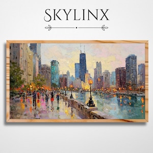 May include: Oil painting of a cityscape with a wooden frame. The artwork depicts a waterfront scene with buildings, people, and streetlights. The sky is a mix of yellow and blue, and the text "SKYLINX" is at the top.