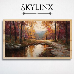 May include: A framed landscape painting depicting an autumn scene with a pond reflecting the colorful trees. The artwork features a path, water, and a forest with red, orange, and yellow foliage. The word "SKYLINX" is at the top.