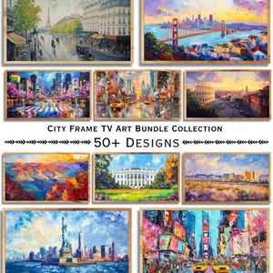 Op de afbeelding: Een verzameling ingelijste stadsafbeeldingen. De afbeeldingen tonen verschillende stadsgezichten, waaronder Parijs, San Francisco, New York en Rome. De tekst luidt "CITY FRAME TV ART BUNDLE COLLECTION" en "50+ DESIGNS".