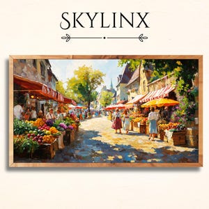 以下が含まれることがあります： 活気のある市場のシーンを描いた額入りの絵画。このアートワークは、色とりどりの農産物で溢れる屋台、石畳の通りを歩く人々、赤い日よけのある建物を描いています。「SKYLINX」というテキストが上部にあります。