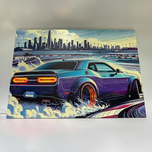 Dodge Challenger Neon Wall Art | Automotive Poster with Neon Car Poster | Man Cave Decor, Car Neon Sign, Gift for Car lovers