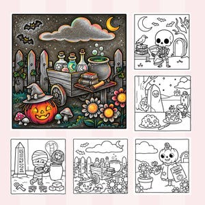 Spooky Vibes coloring book kawaii Halloween illustrations cute ghosts happy pumpkins black cats witches hats broomsticks enchanted forest glowing candles moon stars bats spider webs haunted cottage cozy autumn scenes relaxing coloring pages printable coloring book hand drawn designs stress relief coloring mindful art cozy seasonal aesthetic creative relaxation
