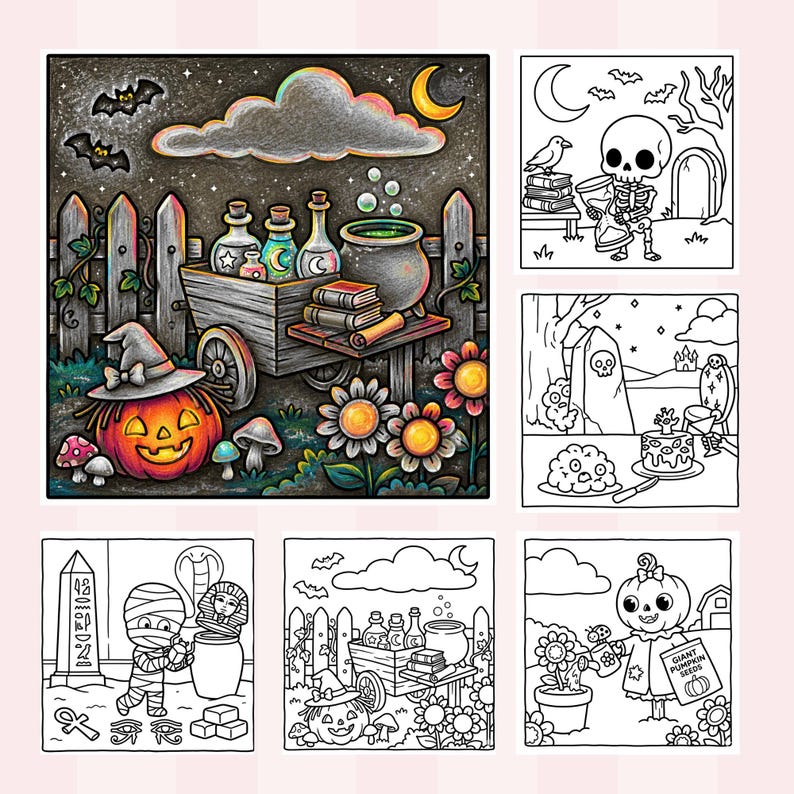 Spooky Vibes coloring book kawaii Halloween illustrations cute ghosts happy pumpkins black cats witches hats broomsticks enchanted forest glowing candles moon stars bats spider webs haunted cottage cozy autumn scenes relaxing coloring pages printable coloring book hand drawn designs stress relief coloring mindful art cozy seasonal aesthetic creative relaxation