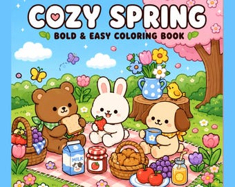 May include: A square coloring book cover titled COZY SPRING BOLD & EASY COLORING BOOK. The illustration features a brown bear, a white rabbit, and a light brown puppy having a picnic on a pink checkered blanket with baskets of fruit, milk, and jam.