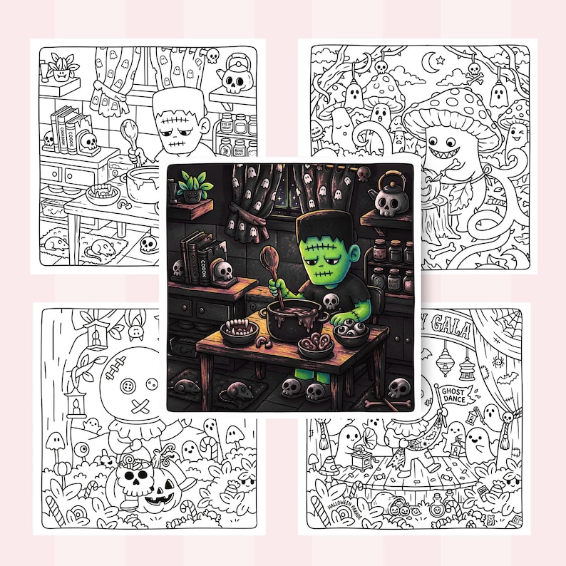 Cozy Halloween coloring book spooky forest friendly ghost cute pumpkin black cat moonlit sky candles lanterns mushrooms autumn leaves haunted home magical potions witch hat broom bats spider webs whimsical nature relaxing coloring pages printable coloring activity hand drawn illustrations stress relief creativity cozy fall moments