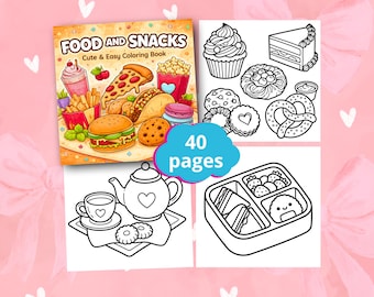 Food and Snacks Coloring Book, Cute Cozy Food Coloring Pages, Bold Easy Relaxing Art, Printable PDF Download, Adult Coloring, Stress Relief