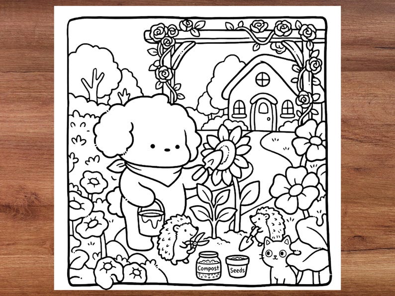 Relaxing cozy nature coloring book featuring adorable woodland animals, peaceful forest scenery, cute cozy cottagecore coloring pages, bold and easy designs for adults, stress relief coloring activity, printable coloring book PDF, calming nature illustrations, flowers and plants coloring page, whimsical forest lifestyle, hygge coloring aesthetic, cozy rainy day art, simple line art, comfort coloring book, cute outdoor scenes, mindfulness coloring pages