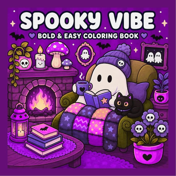 Spooky Cozy Coloring Book Cute Halloween Coloring Pages Cozy Spooky Scenes Bold Easy Relaxing Art Printable PDF Stress Relief adult coloring