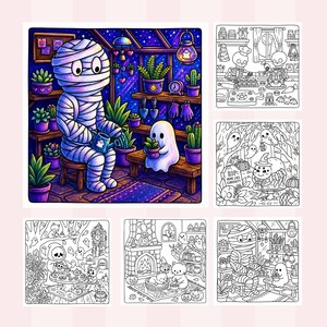 Halloween coloring book spooky cute aesthetic friendly ghost smiling pumpkin cozy cabin black cat witch hat magic books candles bats moonlit forest enchanted garden mushrooms autumn leaves whimsical Halloween scenes relaxing coloring pages printable coloring book hand drawn designs cozy spooky moments stress relief art creative hobby mindful coloring
