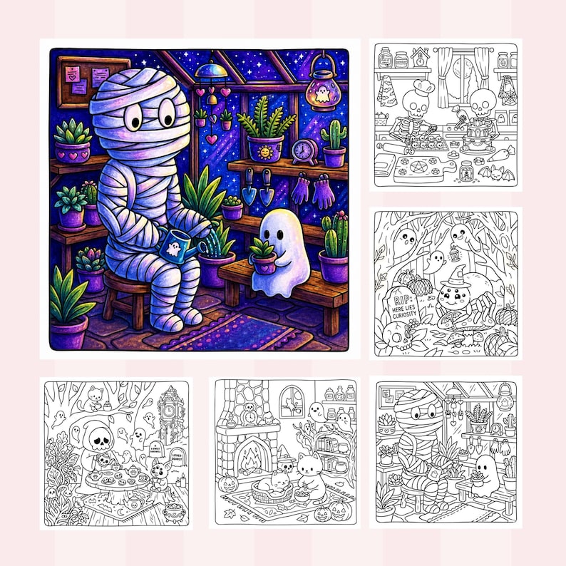 Halloween coloring book spooky cute aesthetic friendly ghost smiling pumpkin cozy cabin black cat witch hat magic books candles bats moonlit forest enchanted garden mushrooms autumn leaves whimsical Halloween scenes relaxing coloring pages printable coloring book hand drawn designs cozy spooky moments stress relief art creative hobby mindful coloring