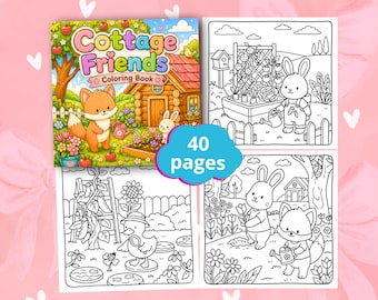 Cottage Friends Coloring Book, Cozy Cottagecore Coloring Pages, Cute Animal Friends Scenes, Bold Easy Relaxing Art, Printable PDF