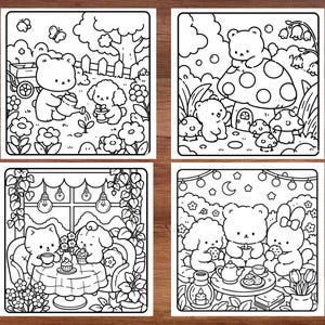 Nature themed cozy coloring book with adorable cottagecore forest scene, relaxing bold easy coloring pages, stress relief coloring book for adults and teens, printable PDF coloring pages, peaceful woodland aesthetic, cute flowers and mushrooms, calming outdoor scenery, whimsical nature illustrations, thick line art for markers, cozy rainy day vibes, mindfulness coloring activity, comfy fantasy forest artwork, relaxing self care coloring experience