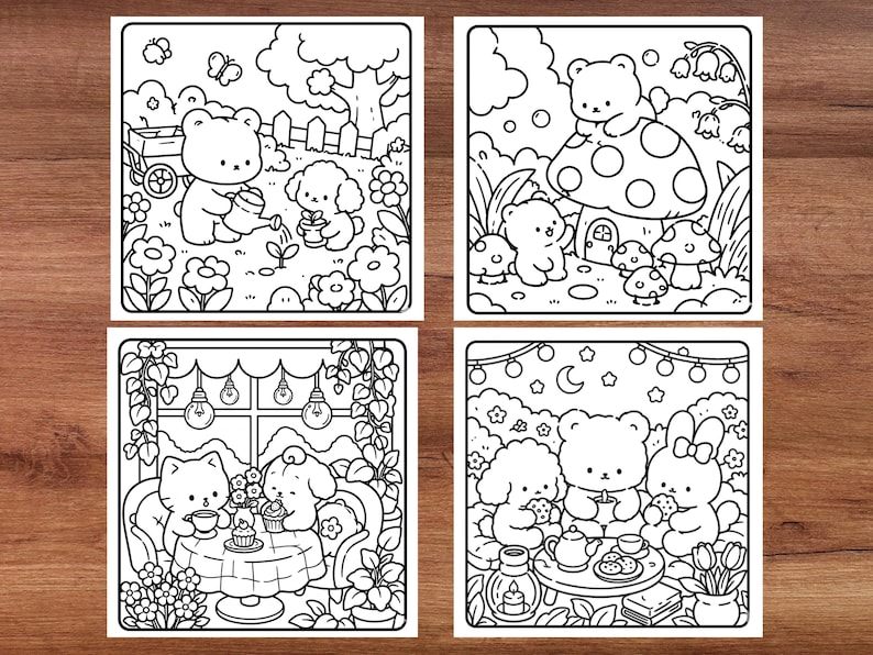 Nature themed cozy coloring book with adorable cottagecore forest scene, relaxing bold easy coloring pages, stress relief coloring book for adults and teens, printable PDF coloring pages, peaceful woodland aesthetic, cute flowers and mushrooms, calming outdoor scenery, whimsical nature illustrations, thick line art for markers, cozy rainy day vibes, mindfulness coloring activity, comfy fantasy forest artwork, relaxing self care coloring experience