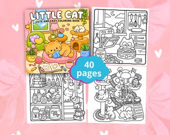 Little Cat Cozy Coloring Book, Cute Cat Coloring Pages, Cozy Kitty Scenes, Bold Easy Relaxing Art, Printable PDF, Adult Stress Relief