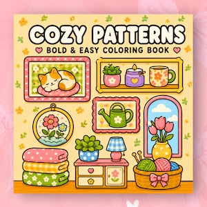 Peut inclure: Un livre de coloriage carré intitulé COZY PATTERNS BOLD & EASY COLORING BOOK. La couverture présente des illustrations d'un chat endormi, une étagère avec une bougie et une tasse, un arrosoir, une fenêtre avec des tulipes, des serviettes et un panier de laine.