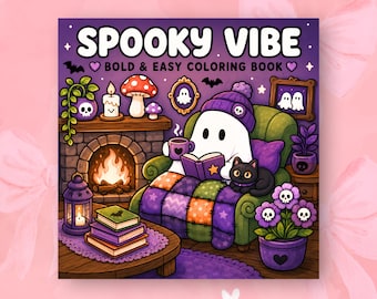 Spooky Cosy Kleurboek Leuke Halloween Kleurplaten Gezellige Spookachtige Scènes Vet Gemakkelijk Ontspannend Kunst Afdrukbare PDF Stress Relief kleurplaten voor volwassenen