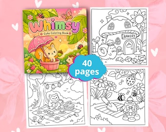 Whimsy Cute Coloring Book, Kawaii Whimsical Coloring Pages, Cozy Fantasy Scenes, Bold Easy Relaxing Art, Printable PDF, Stress Relief Fun
