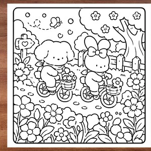 Relaxing cozy nature coloring book illustration with peaceful forest path, charming woodland cottage, cute outdoor scenery, bold easy coloring page for adults, calming stress relief coloring activity, printable PDF coloring book, whimsical cottagecore art style, thick clean outlines, flowers mushrooms trees and plants, hygge aesthetic coloring pages, cozy self care hobby, beginner friendly line art, comfy forest escape coloring experience