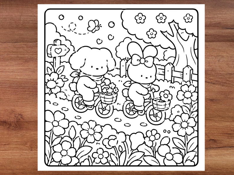 Relaxing cozy nature coloring book illustration with peaceful forest path, charming woodland cottage, cute outdoor scenery, bold easy coloring page for adults, calming stress relief coloring activity, printable PDF coloring book, whimsical cottagecore art style, thick clean outlines, flowers mushrooms trees and plants, hygge aesthetic coloring pages, cozy self care hobby, beginner friendly line art, comfy forest escape coloring experience