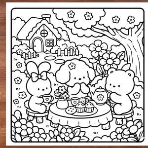 Cozy forest coloring book page with relaxing nature scenery, cute woodland cottage, bold easy coloring page for adults, calming stress relief art, cozy lifestyle illustrations, printable PDF coloring book, whimsical outdoor scene, thick clean lines for easy coloring, peaceful garden and flowers, cute aesthetic coloring activity, hygge inspired coloring pages, cozy retreat artwork, mindfulness and relaxation coloring book, comfy nature vibes