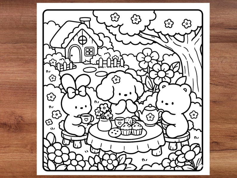 Cozy forest coloring book page with relaxing nature scenery, cute woodland cottage, bold easy coloring page for adults, calming stress relief art, cozy lifestyle illustrations, printable PDF coloring book, whimsical outdoor scene, thick clean lines for easy coloring, peaceful garden and flowers, cute aesthetic coloring activity, hygge inspired coloring pages, cozy retreat artwork, mindfulness and relaxation coloring book, comfy nature vibes
