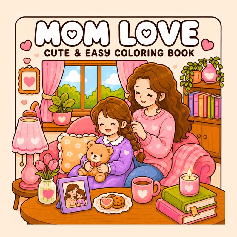 May include: A coloring book cover titled MOM LOVE CUTE & EASY COLORING BOOK featuring an illustration of a person braiding another person's hair on a pink sofa. The scene includes a teddy bear, a table with a framed photo, cookies, and a candle.