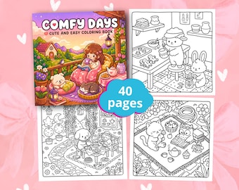 Comfy Days Coloring Book, Cozy Relaxing Coloring Pages, Cute Comfort Scenes, Bold Easy Art, Printable PDF, Adult Stress Relief Coloring Book
